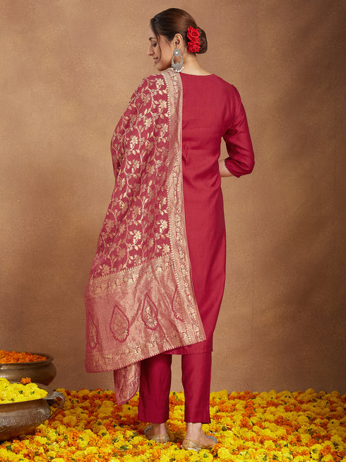 Janasya Women's Maroon Silk Blend Zari Embroidered Straight Kurta Set